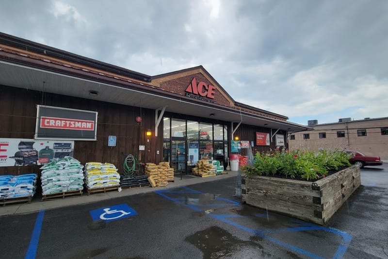Noble Ace Hardware in Cobleskill, NY showcasing a welcoming entrance with gardening supplies & Craftsman tools.