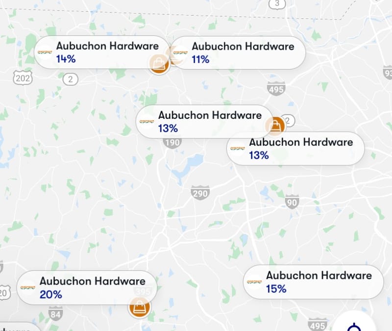 Cash back opportunities at Aubuchon Company stores within the Upside  app.